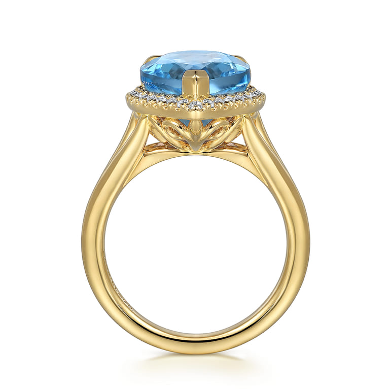 14K Yellow Gold Diamond and Flat Pear Shape Blue Topaz Ladies Ring With Flower Pattern Gallery - 0.21 ct - Shot 2