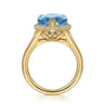 14K Yellow Gold Diamond and Flat Pear Shape Blue Topaz Ladies Ring With Flower Pattern Gallery - 0.21 ct