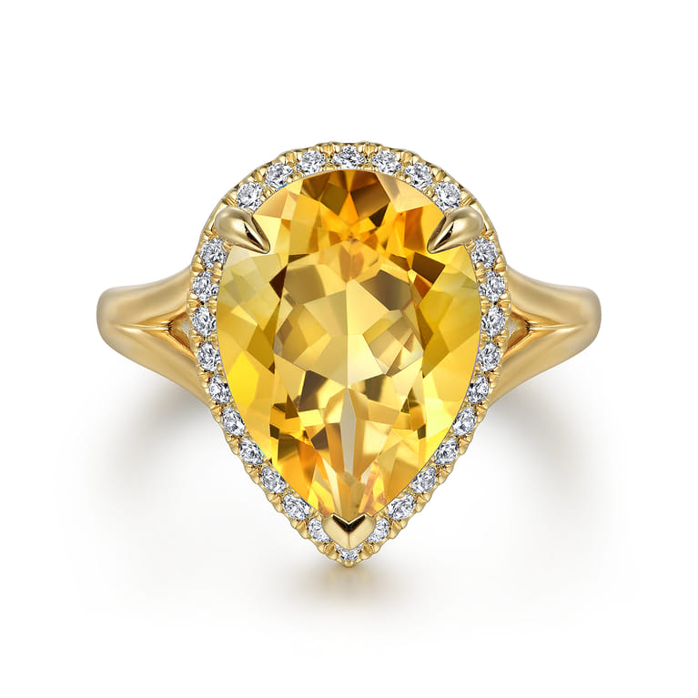 14K Yellow Gold Diamond and Flat Pear Shape Citrine Ladies Ring With Flower Pattern Gallery - 0.21 ct - Shot 1