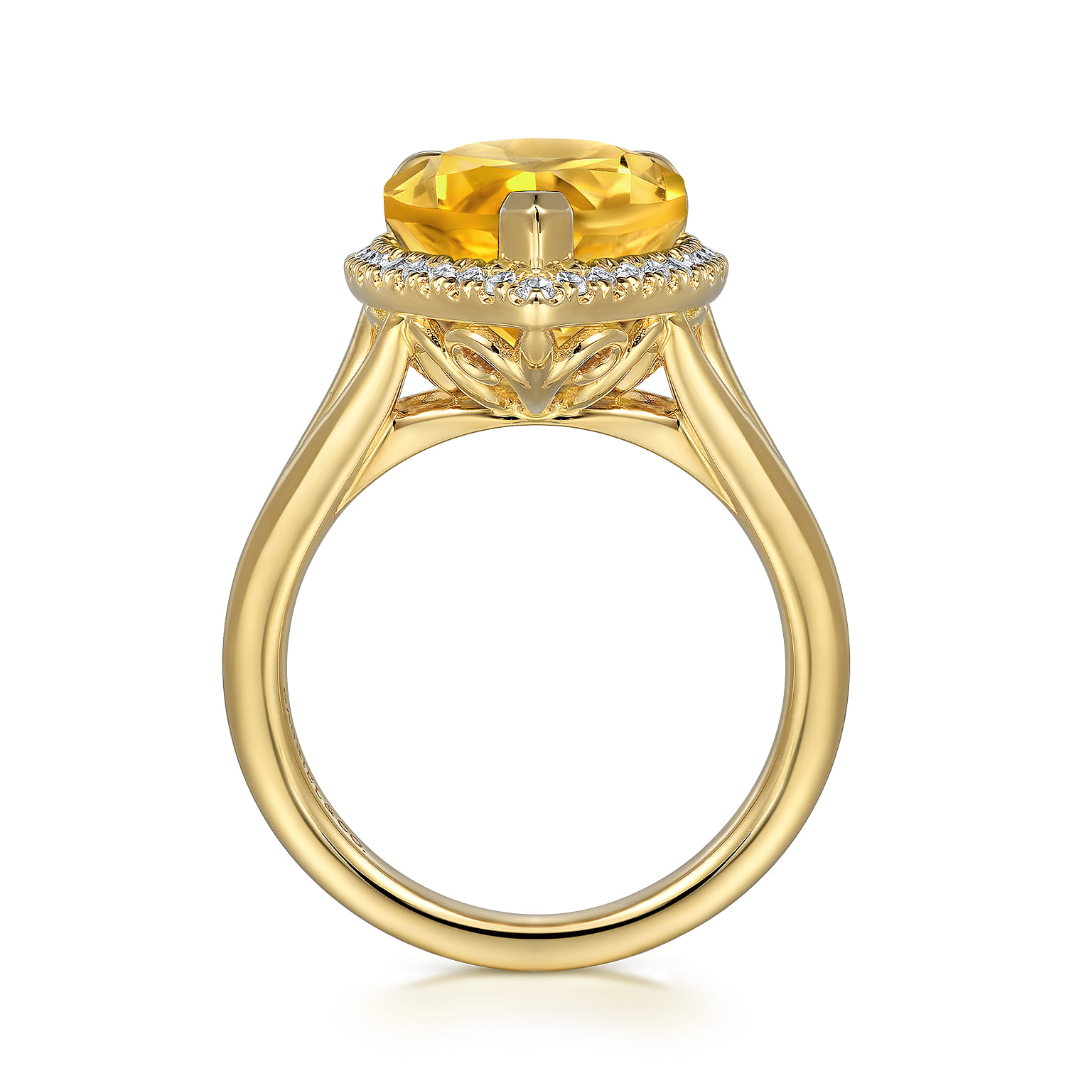 14K Yellow Gold Diamond and Flat Pear Shape Citrine Ladies Ring With Flower Pattern Gallery - 0.21 ct - Shot 2