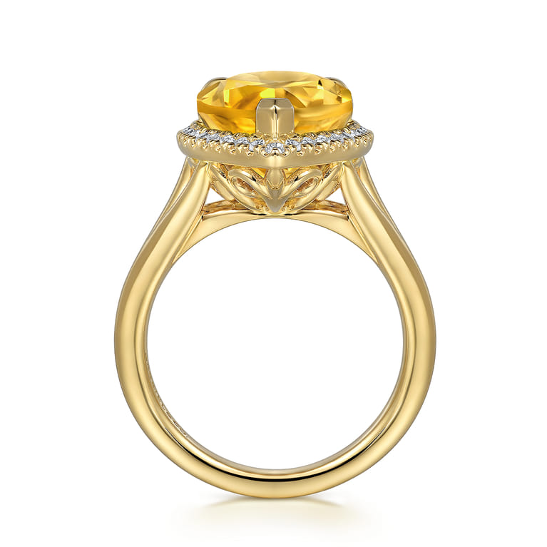 14K Yellow Gold Diamond and Flat Pear Shape Citrine Ladies Ring With Flower Pattern Gallery - 0.21 ct - Shot 2