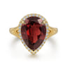 14K Yellow Gold Diamond and Flat Pear Shape Garnet Ladies Ring With Flower Pattern Gallery - 0.21 ct
