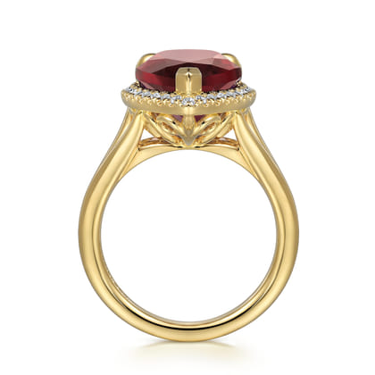 14K Yellow Gold Diamond and Flat Pear Shape Garnet Ladies Ring With Flower Pattern Gallery