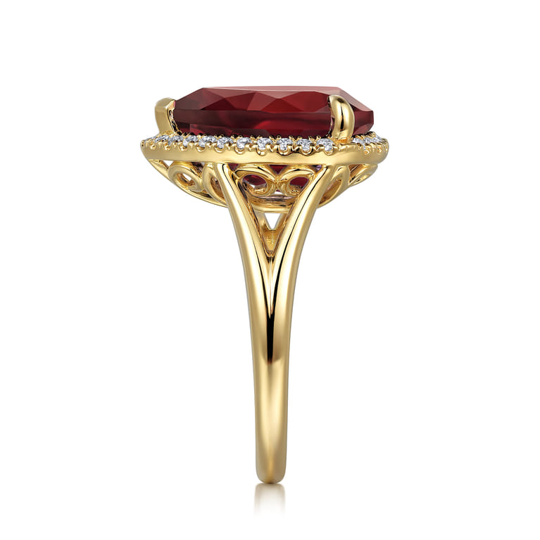 14K Yellow Gold Diamond and Flat Pear Shape Garnet Ladies Ring With Flower Pattern Gallery - 0.21 ct - Shot 4