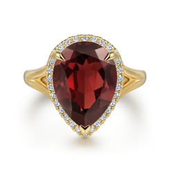 14K Yellow Gold Diamond and Flat Pear Shape Garnet Ladies Ring with Flower Pattern Gallery