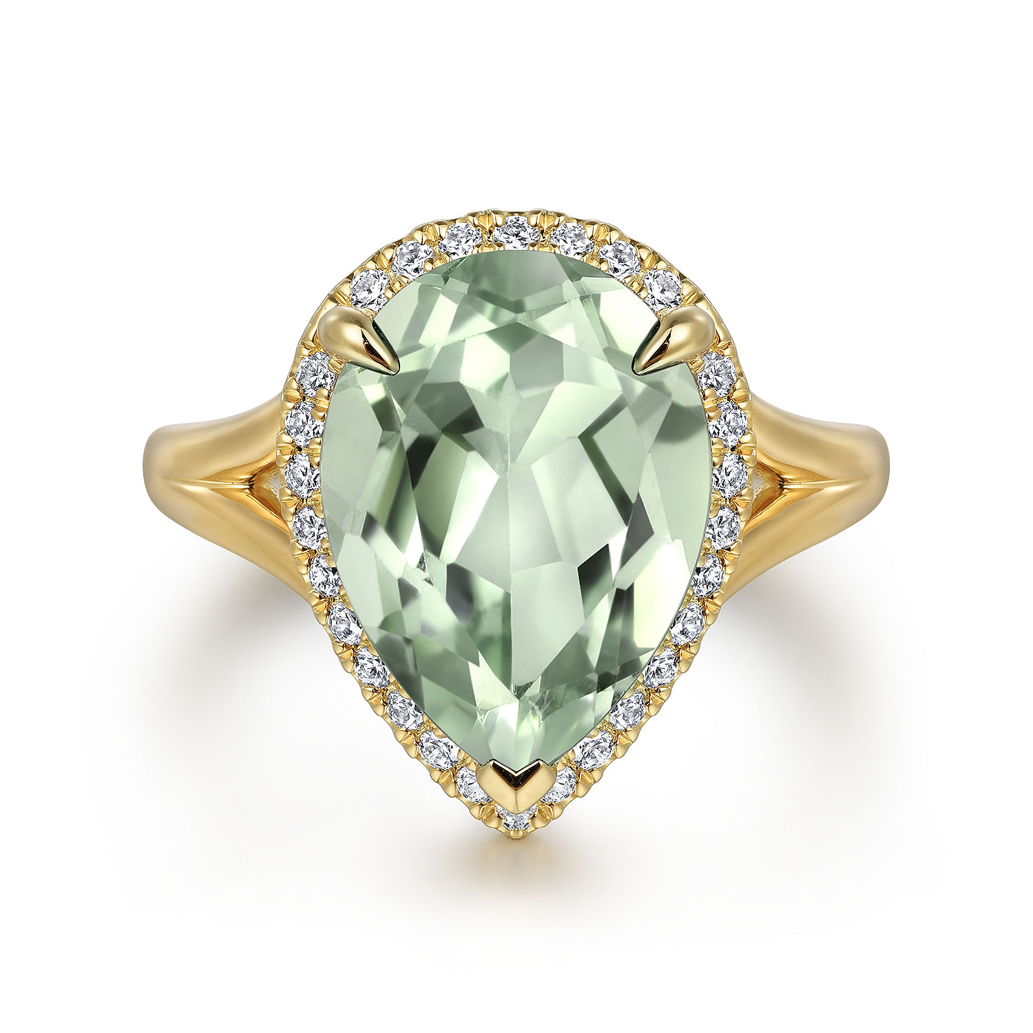 14K Yellow Gold Diamond and Flat Pear Shape Green Amethyst Ladies Ring With Flower Pattern Gallery