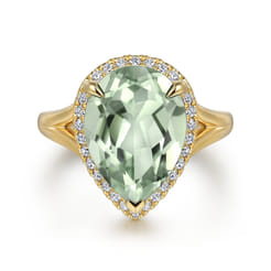 14K Yellow Gold Diamond and Flat Pear Shape Green Amethyst Ladies Ring With Flower Pattern Gallery