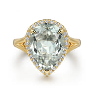 14K Yellow Gold Diamond and Flat Pear Shape Green Amethyst Ladies Ring With Flower Pattern Gallery