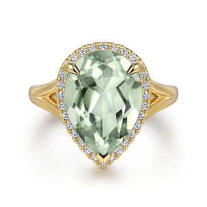14K Yellow Gold Diamond and Flat Pear Shape Green Amethyst Ladies Ring With Flower Pattern Gallery