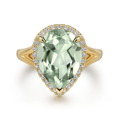 14K Yellow Gold Diamond and Flat Pear Shape Green Amethyst Ladies Ring With Flower Pattern Gallery