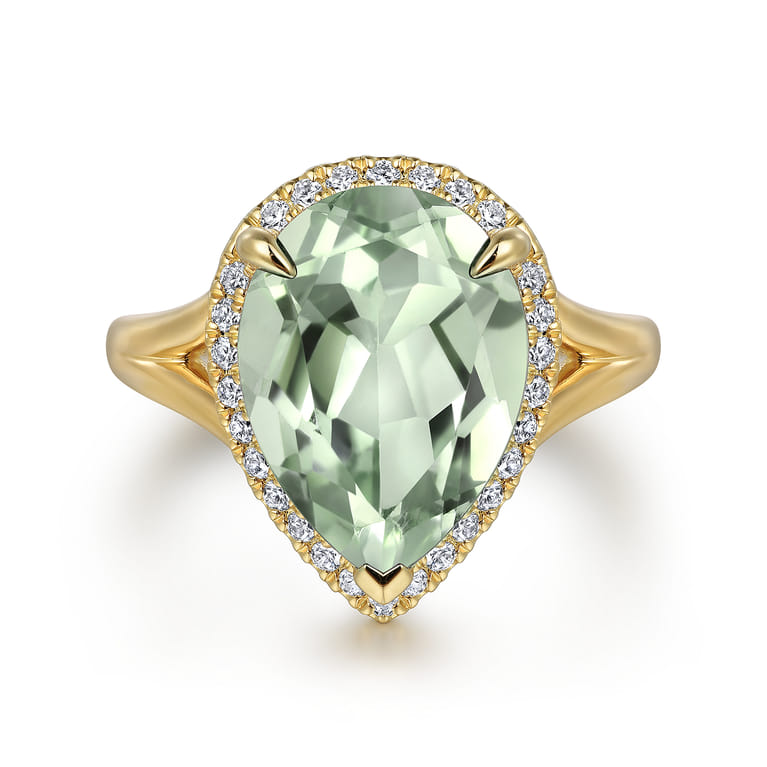 14K Yellow Gold Diamond and Flat Pear Shape Green Amethyst Ladies Ring With Flower Pattern Gallery - 0.21 ct - Shot 1