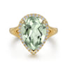 14K Yellow Gold Diamond and Flat Pear Shape Green Amethyst Ladies Ring With Flower Pattern Gallery - 0.21 ct