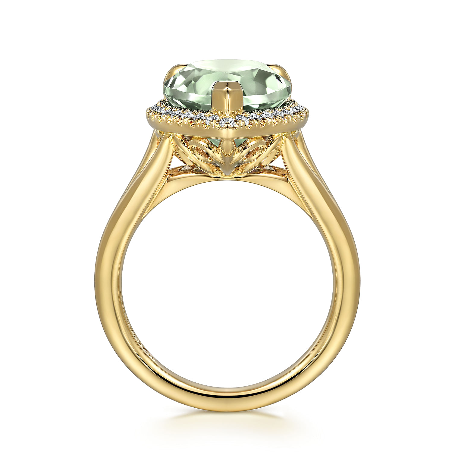 14K Yellow Gold Diamond and Flat Pear Shape Green Amethyst Ladies Ring With Flower Pattern Gallery