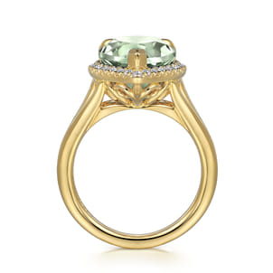 14K Yellow Gold Diamond and Flat Pear Shape Green Amethyst Ladies Ring With Flower Pattern Gallery