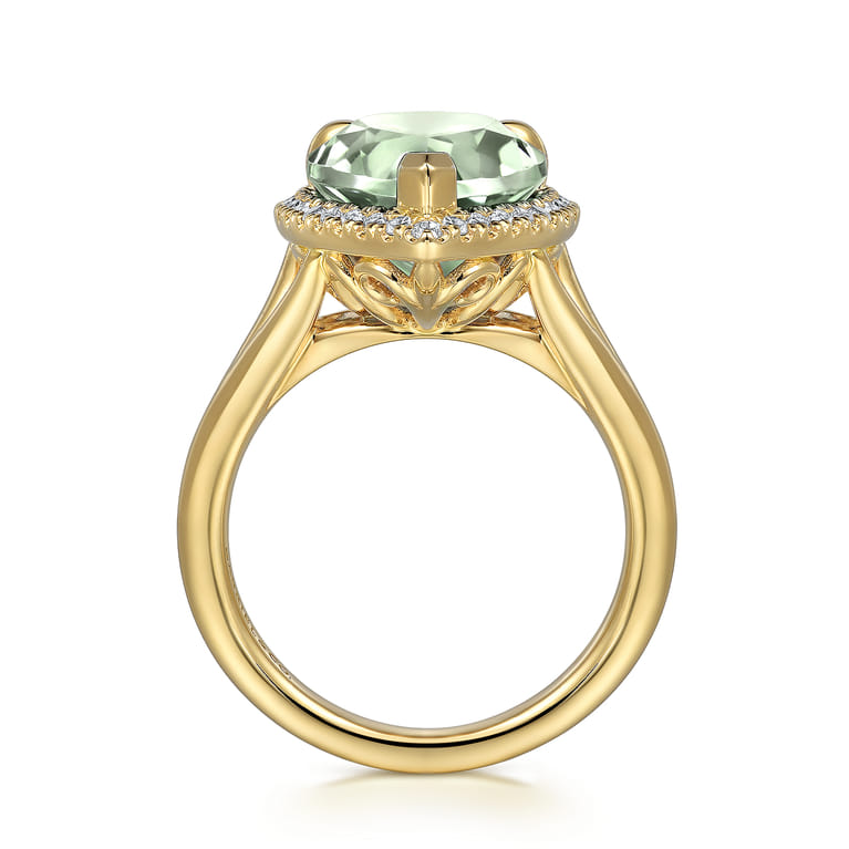 14K Yellow Gold Diamond and Flat Pear Shape Green Amethyst Ladies Ring With Flower Pattern Gallery - 0.21 ct - Shot 2