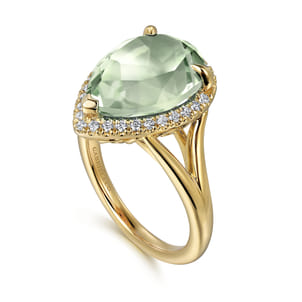 14K Yellow Gold Diamond and Flat Pear Shape Green Amethyst Ladies Ring With Flower Pattern Gallery