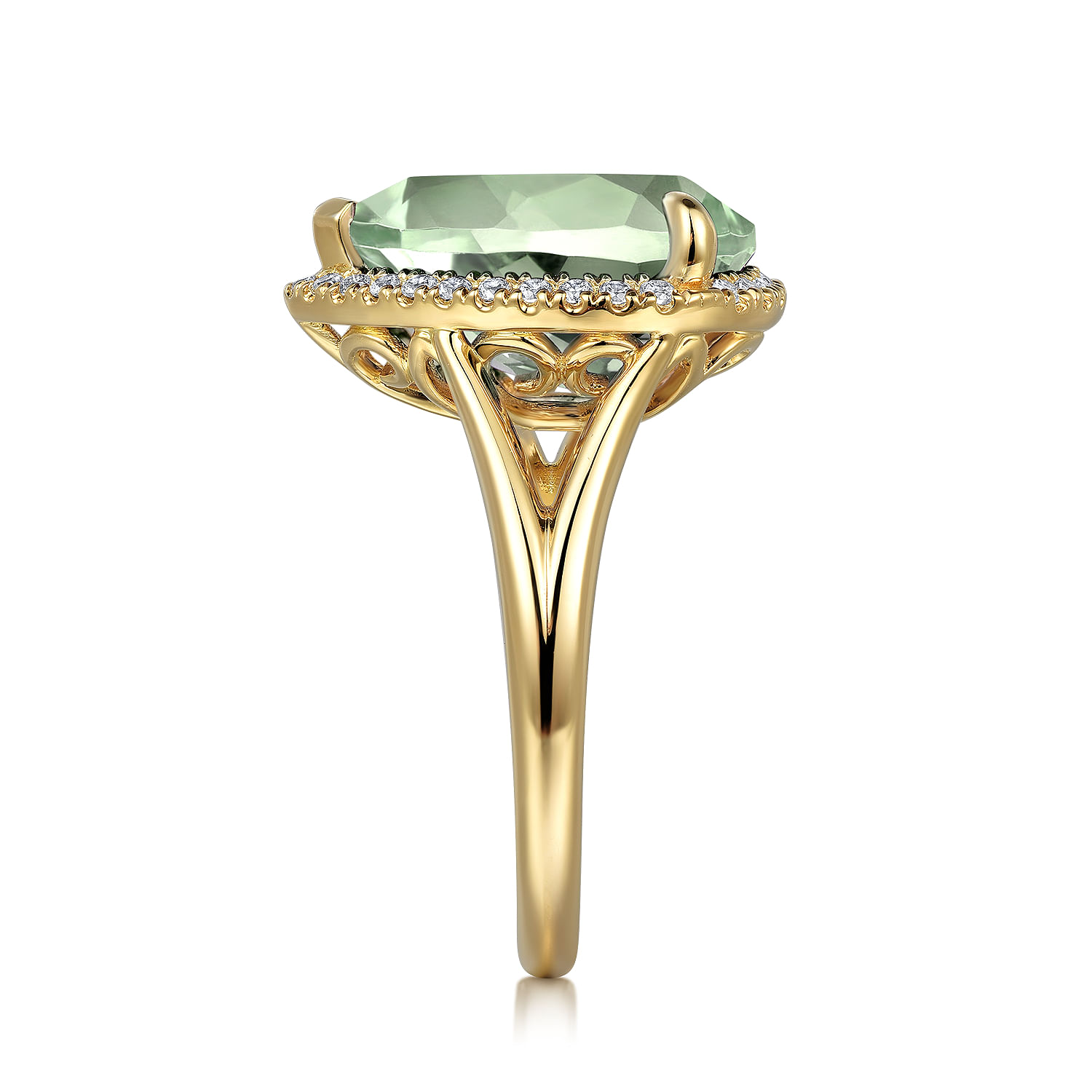 14K Yellow Gold Diamond and Flat Pear Shape Green Amethyst Ladies Ring With Flower Pattern Gallery