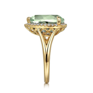 14K Yellow Gold Diamond and Flat Pear Shape Green Amethyst Ladies Ring With Flower Pattern Gallery