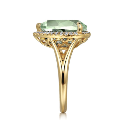 14K Yellow Gold Diamond and Flat Pear Shape Green Amethyst Ladies Ring With Flower Pattern Gallery