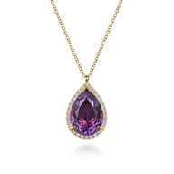 14K Yellow Gold Diamond and Flat Teardrop Amethyst Necklace With Flower Pattern J-Back