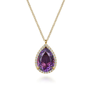 14K Yellow Gold Diamond and Flat Teardrop Amethyst Necklace With Flower Pattern J-Back