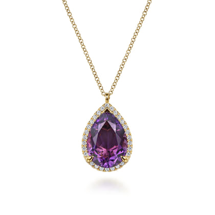 14K Yellow Gold Diamond and Flat Teardrop Amethyst Necklace With Flower Pattern J-Back