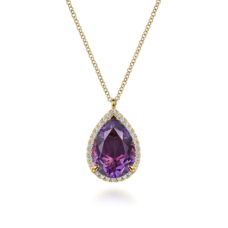 14K Yellow Gold Diamond and Flat Teardrop Amethyst Necklace With Flower Pattern J-Back - 0.21 ct - Shot 1