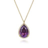 14K Yellow Gold Diamond and Flat Teardrop Amethyst Necklace With Flower Pattern J-Back - 0.21 ct