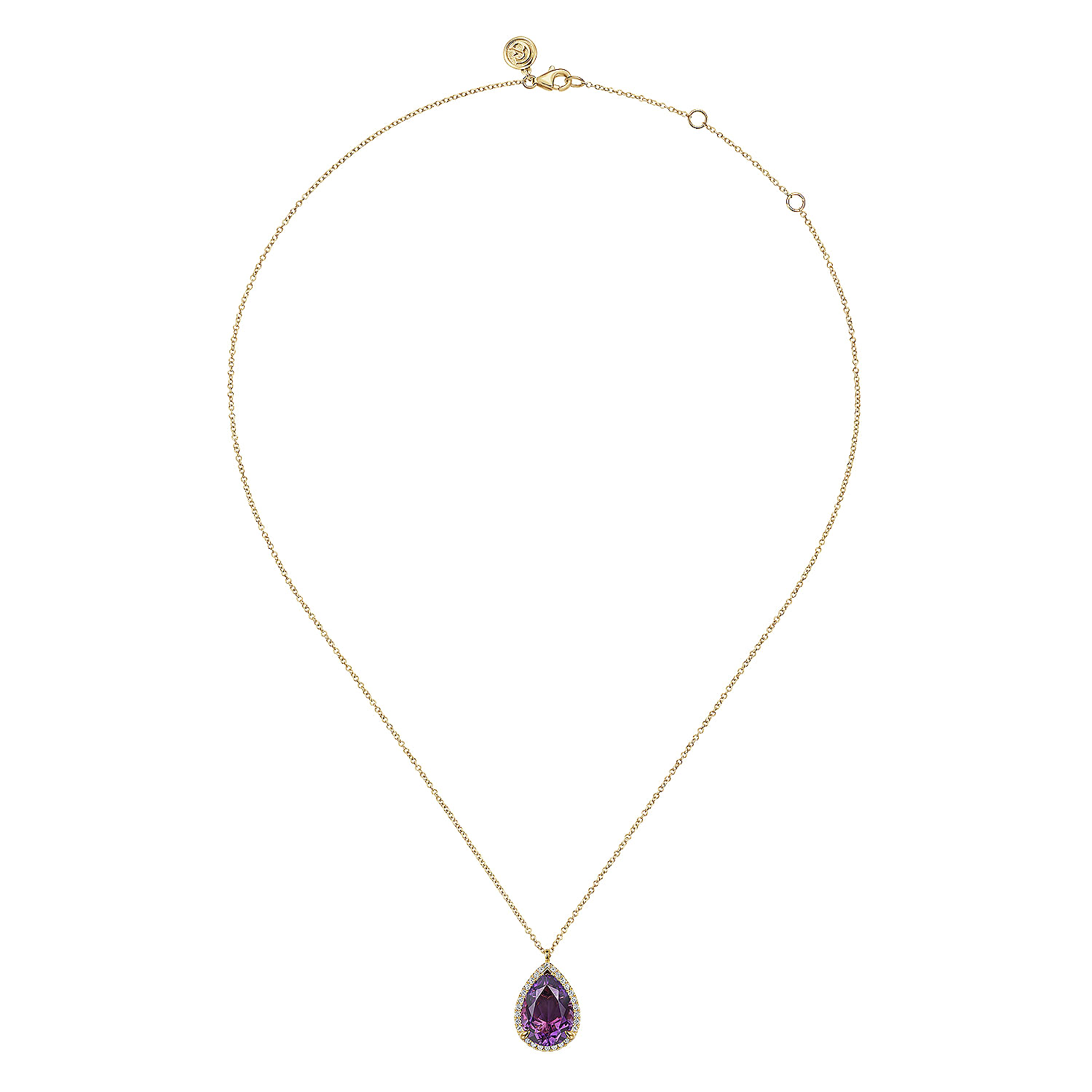 14K Yellow Gold Diamond and Flat Teardrop Amethyst Necklace With Flower Pattern J-Back - 0.21 ct - Shot 2