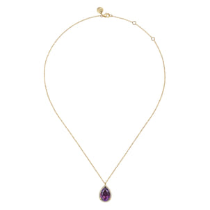 14K Yellow Gold Diamond and Flat Teardrop Amethyst Necklace With Flower Pattern J-Back