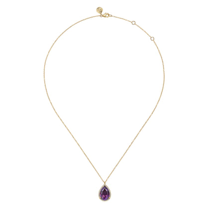 14K Yellow Gold Diamond and Flat Teardrop Amethyst Necklace With Flower Pattern J-Back