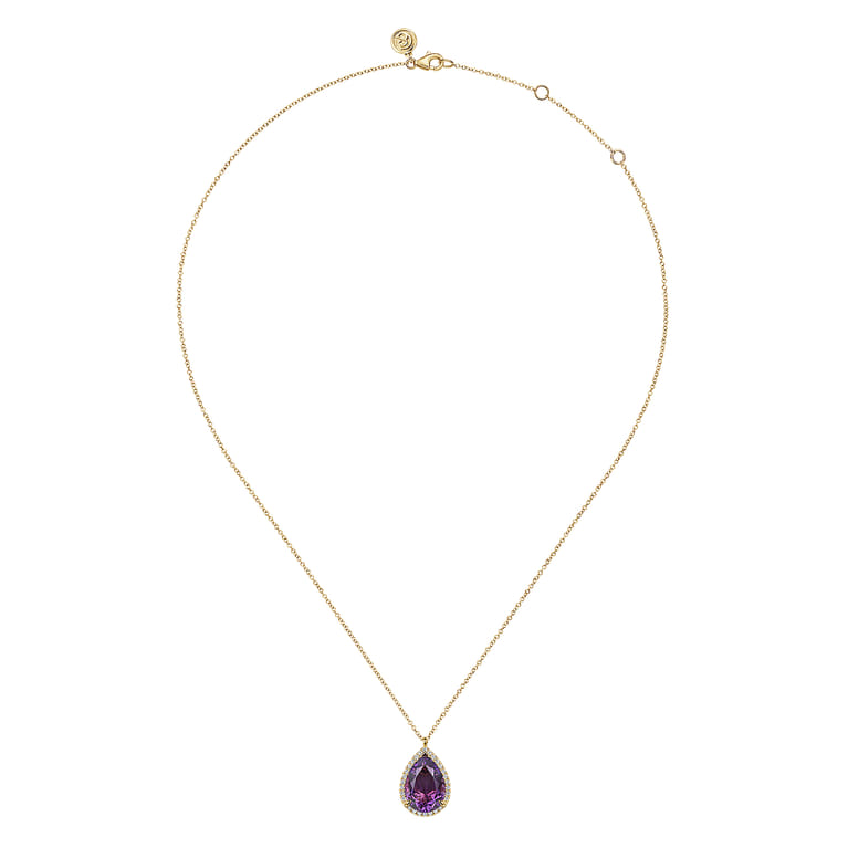 14K Yellow Gold Diamond and Flat Teardrop Amethyst Necklace With Flower Pattern J-Back - 0.21 ct - Shot 2
