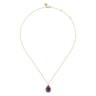 14K Yellow Gold Diamond and Flat Teardrop Amethyst Necklace With Flower Pattern J-Back - 0.21 ct