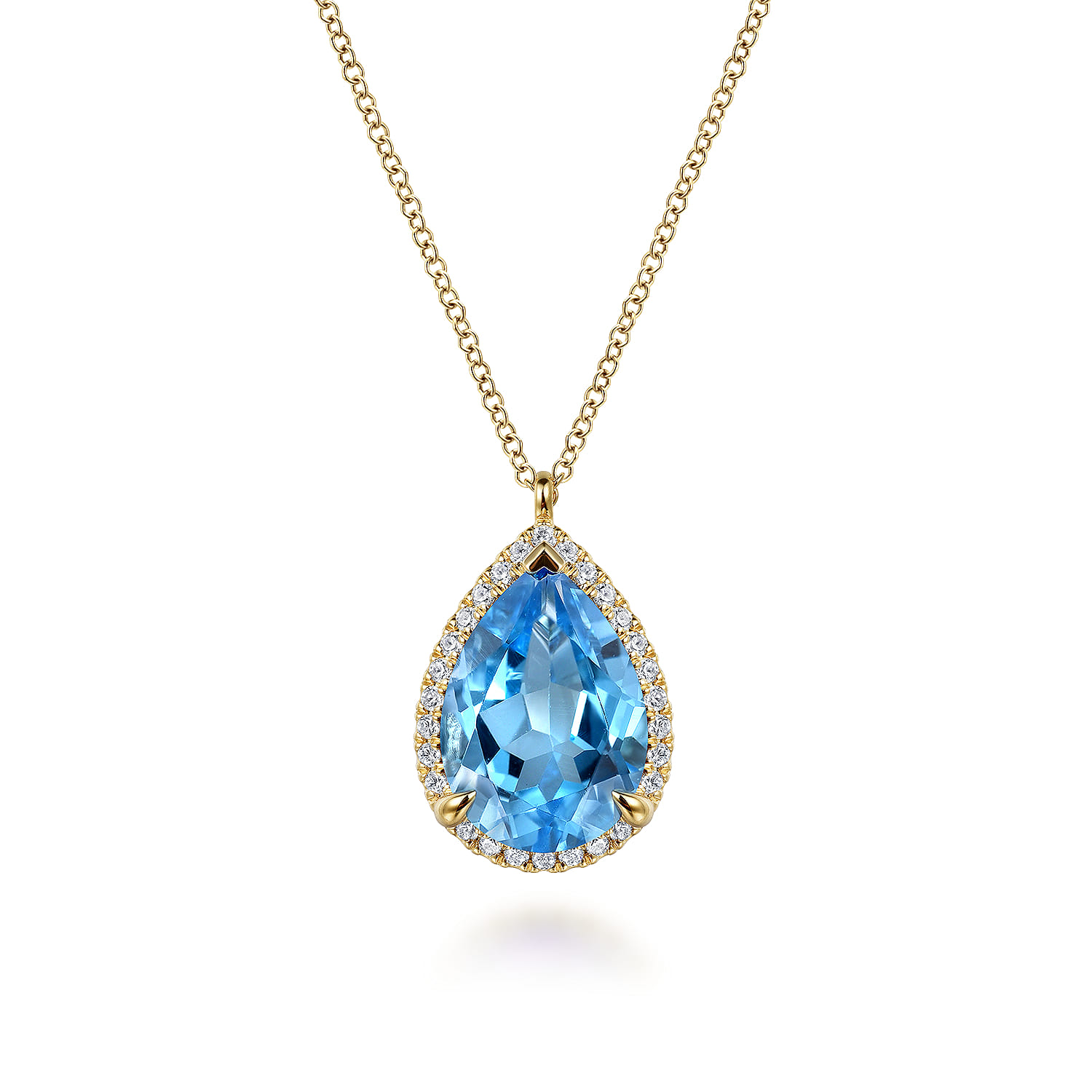 14K Yellow Gold Diamond and Flat Teardrop Blue Topaz Necklace With Flower Pattern J-Back - 0.21 ct - Shot 1