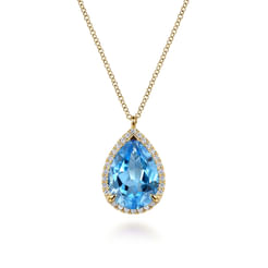 14K Yellow Gold Diamond and Flat Teardrop Blue Topaz Necklace With Flower Pattern J-Back
