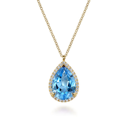 14K Yellow Gold Diamond and Flat Teardrop Blue Topaz Necklace With Flower Pattern J-Back