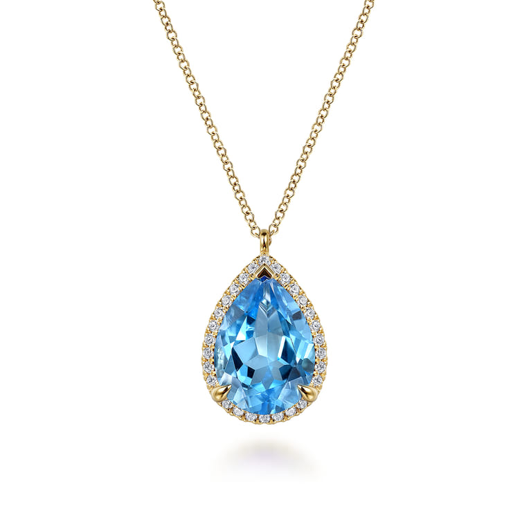 14K Yellow Gold Diamond and Flat Teardrop Blue Topaz Necklace With Flower Pattern J-Back - 0.21 ct - Shot 1