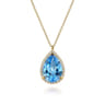 14K Yellow Gold Diamond and Flat Teardrop Blue Topaz Necklace With Flower Pattern J-Back - 0.21 ct