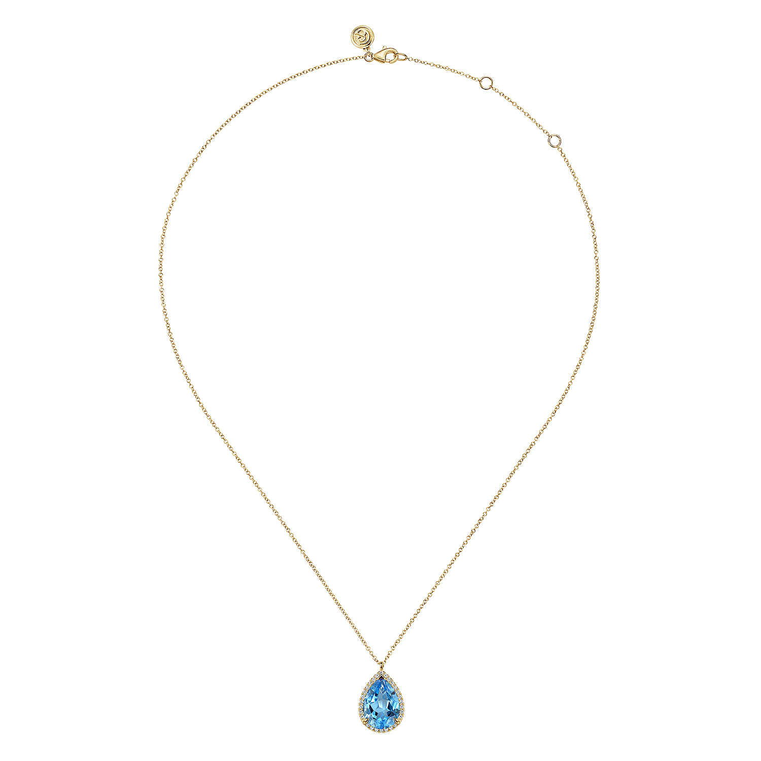 14K Yellow Gold Diamond and Flat Teardrop Blue Topaz Necklace With Flower Pattern J-Back - 0.21 ct - Shot 2