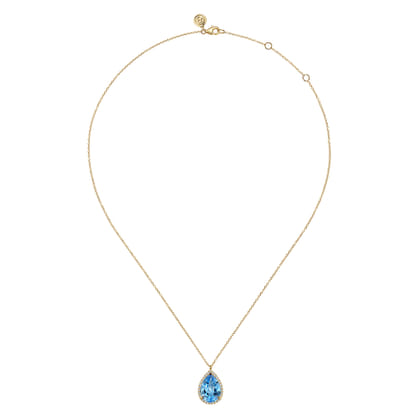 14K Yellow Gold Diamond and Flat Teardrop Blue Topaz Necklace With Flower Pattern J-Back