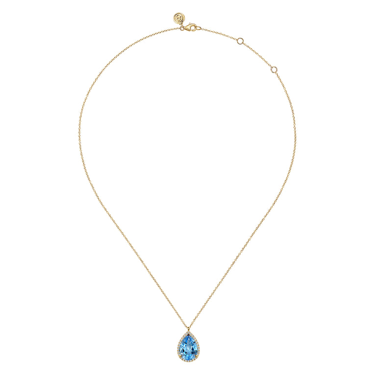 14K Yellow Gold Diamond and Flat Teardrop Blue Topaz Necklace With Flower Pattern J-Back - 0.21 ct - Shot 2