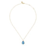 14K Yellow Gold Diamond and Flat Teardrop Blue Topaz Necklace With Flower Pattern J-Back - 0.21 ct