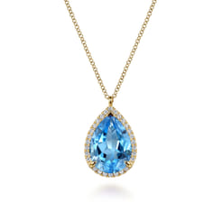 14K Yellow Gold Diamond and Flat Teardrop Blue Topaz Necklace with Flower Pattern J-Back