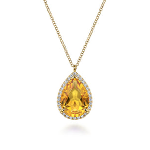 14K Yellow Gold Diamond and Flat Teardrop Citrine Necklace With Flower Pattern J-Back