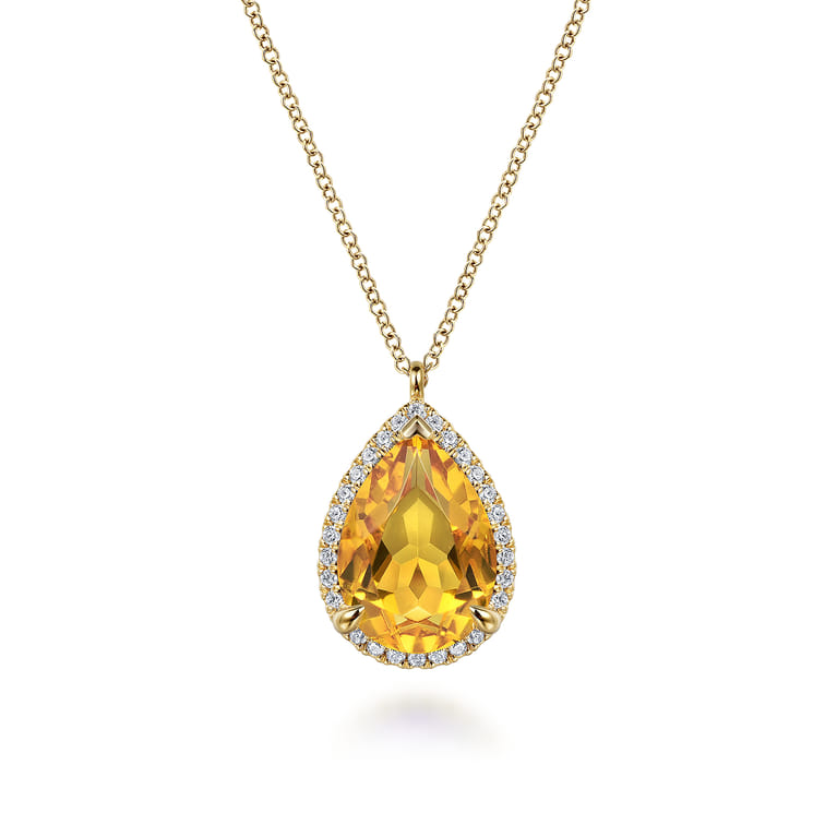 14K Yellow Gold Diamond and Flat Teardrop Citrine Necklace With Flower Pattern J-Back - 0.21 ct - Shot 1