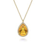 14K Yellow Gold Diamond and Flat Teardrop Citrine Necklace With Flower Pattern J-Back - 0.21 ct