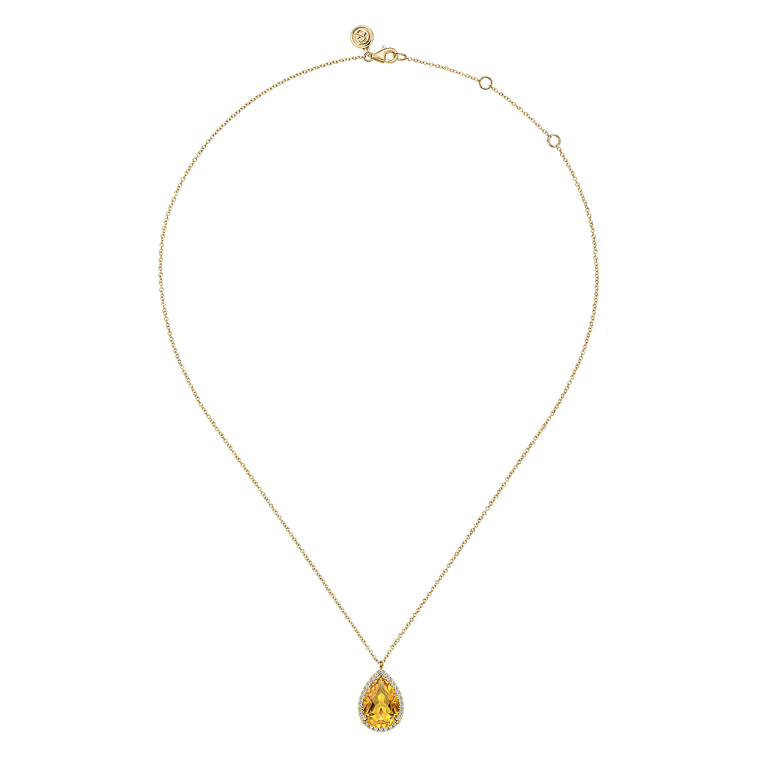 14K Yellow Gold Diamond and Flat Teardrop Citrine Necklace With Flower Pattern J-Back - 0.21 ct - Shot 2
