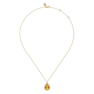 14K Yellow Gold Diamond and Flat Teardrop Citrine Necklace With Flower Pattern J-Back