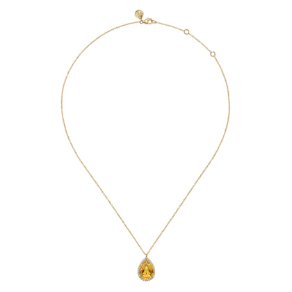 14K Yellow Gold Diamond and Flat Teardrop Citrine Necklace With Flower Pattern J-Back