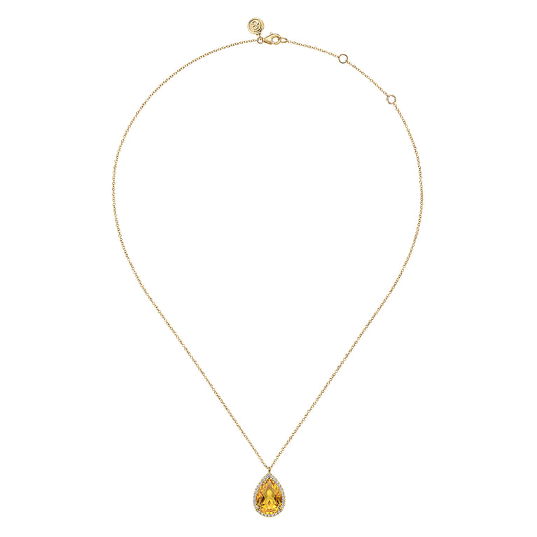 14K Yellow Gold Diamond and Flat Teardrop Citrine Necklace With Flower Pattern J-Back - 0.21 ct - Shot 2
